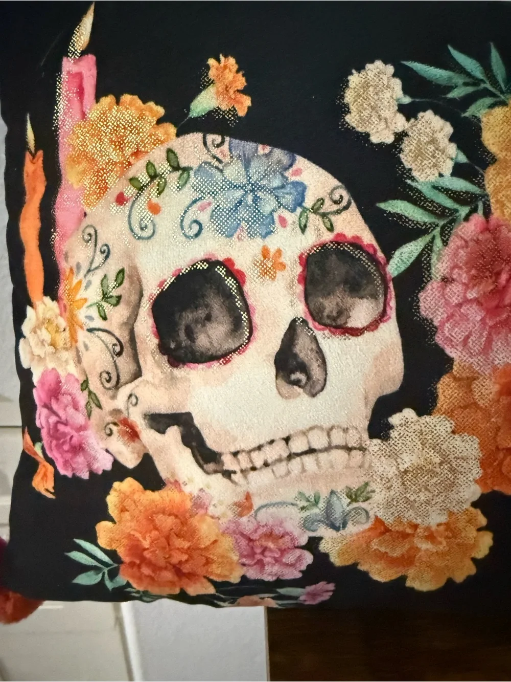 Skull Floral Lumbar Pillow - Black